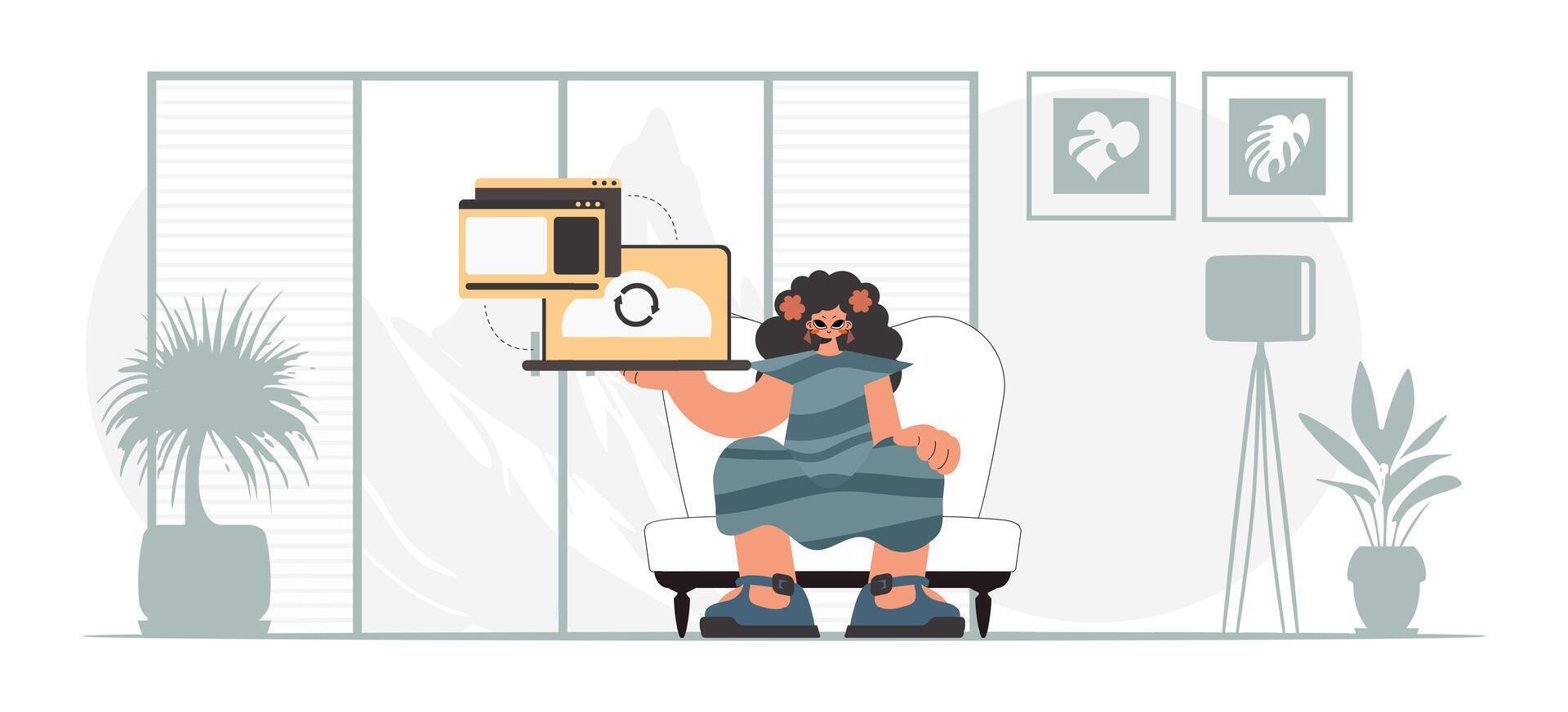 A woman sitting in a chair holding a laptop vector