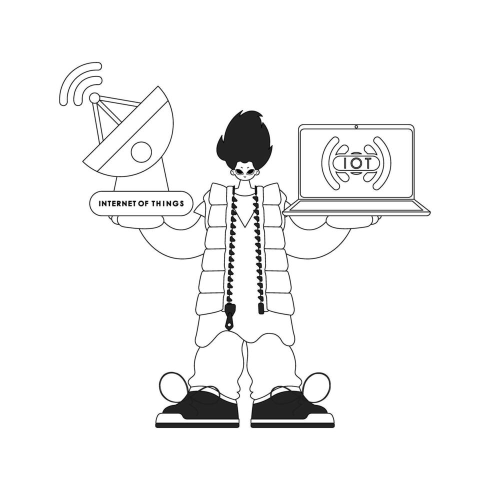 The guy has a laptop with an antenna to work with Internet of Things data, in a linear style vector