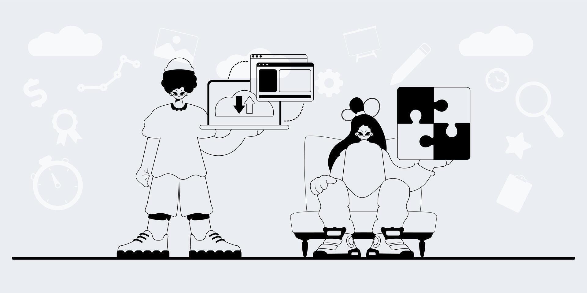 A man and woman are sitting on a couch with a computer vector