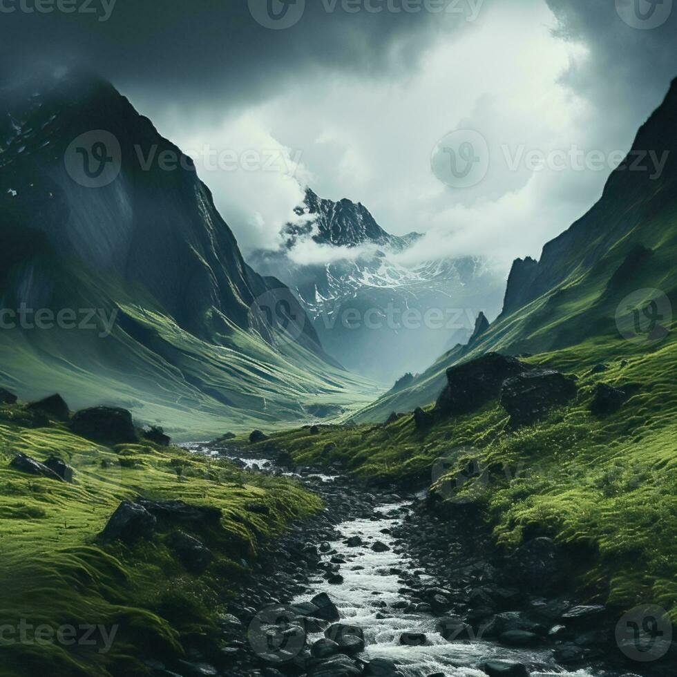 Beautiful landscape of mountains, flowing rivers and valleys in the highlands, great for websites, blogs, backdrops, business etc. Image from generative ai photo