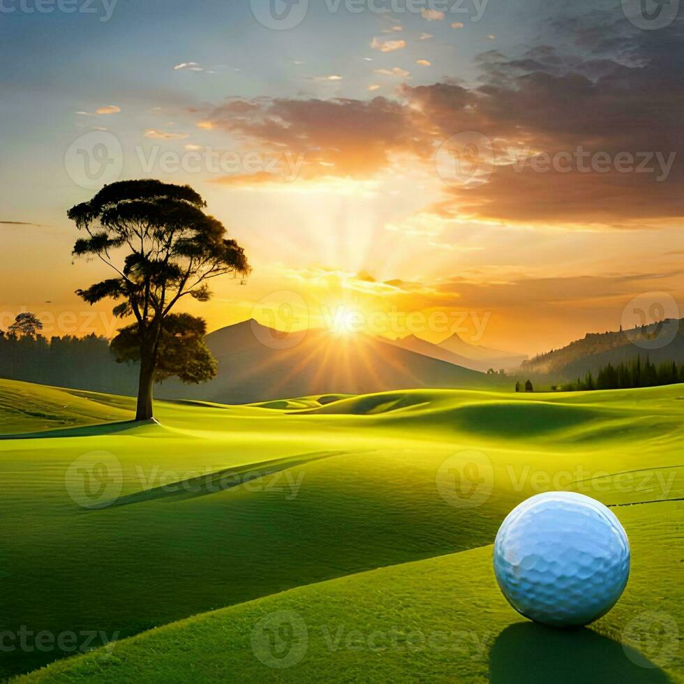 golf pelotas en un vasto prado con exótico natural belleza y puesta de sol objetos, genial para Deportes, sitios web, aficiones, blogs, negocio, empresas etc. ai generado imagen concepto foto