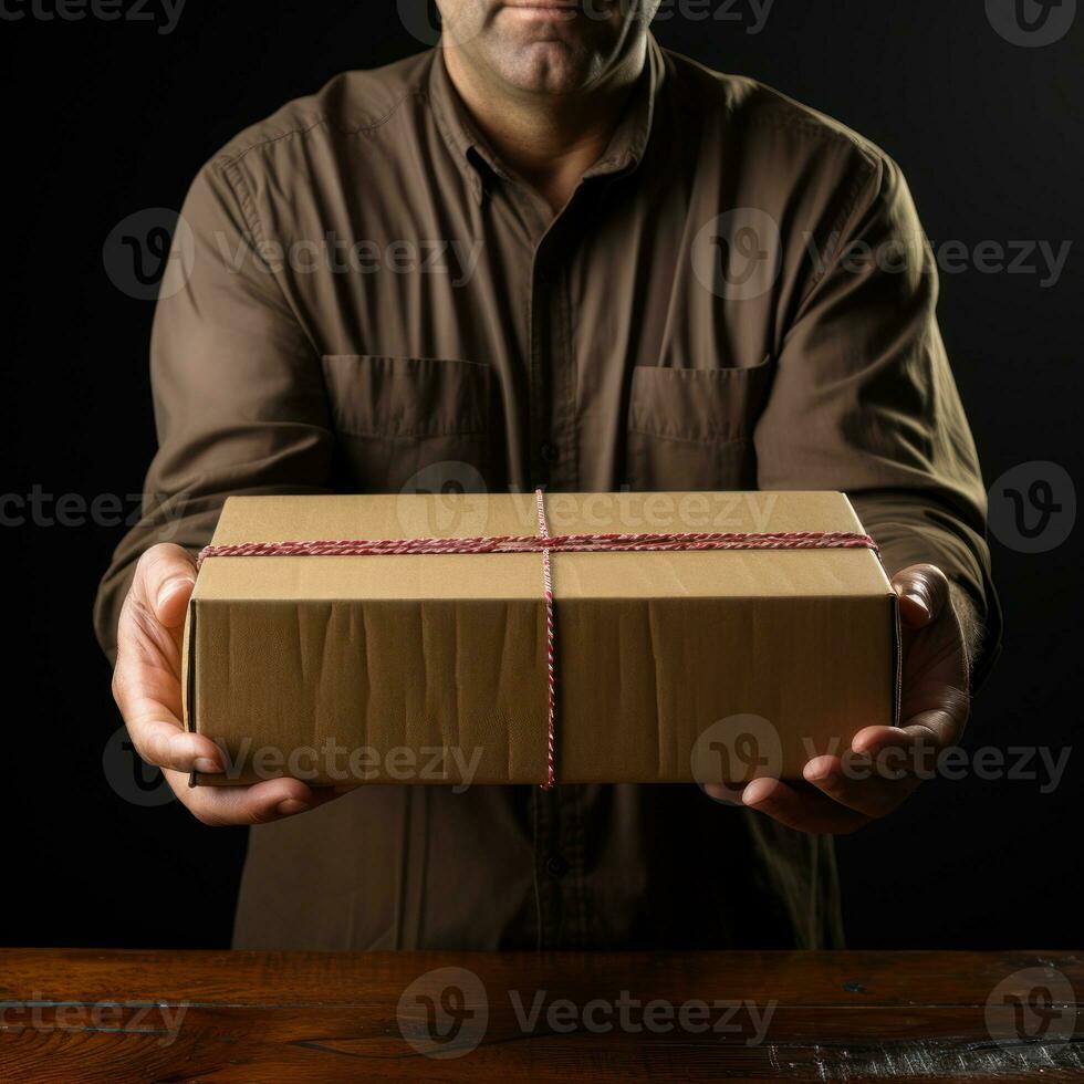 Courier brings cardboard boxes to customers, delivery service to customers, packing cardboard boxes. Great for business, giving, job career, websites, services. Generative Ai concept photo