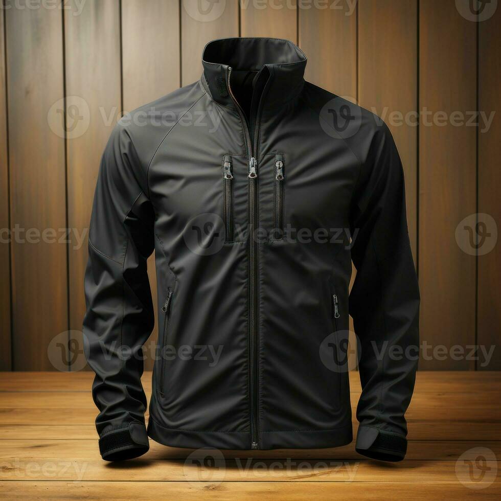 Fabric men's jacket in black muted colors, background for mockup, textile, garment, fashion material, inspiration, garment factory, sewing design. Generative Ai Images photo