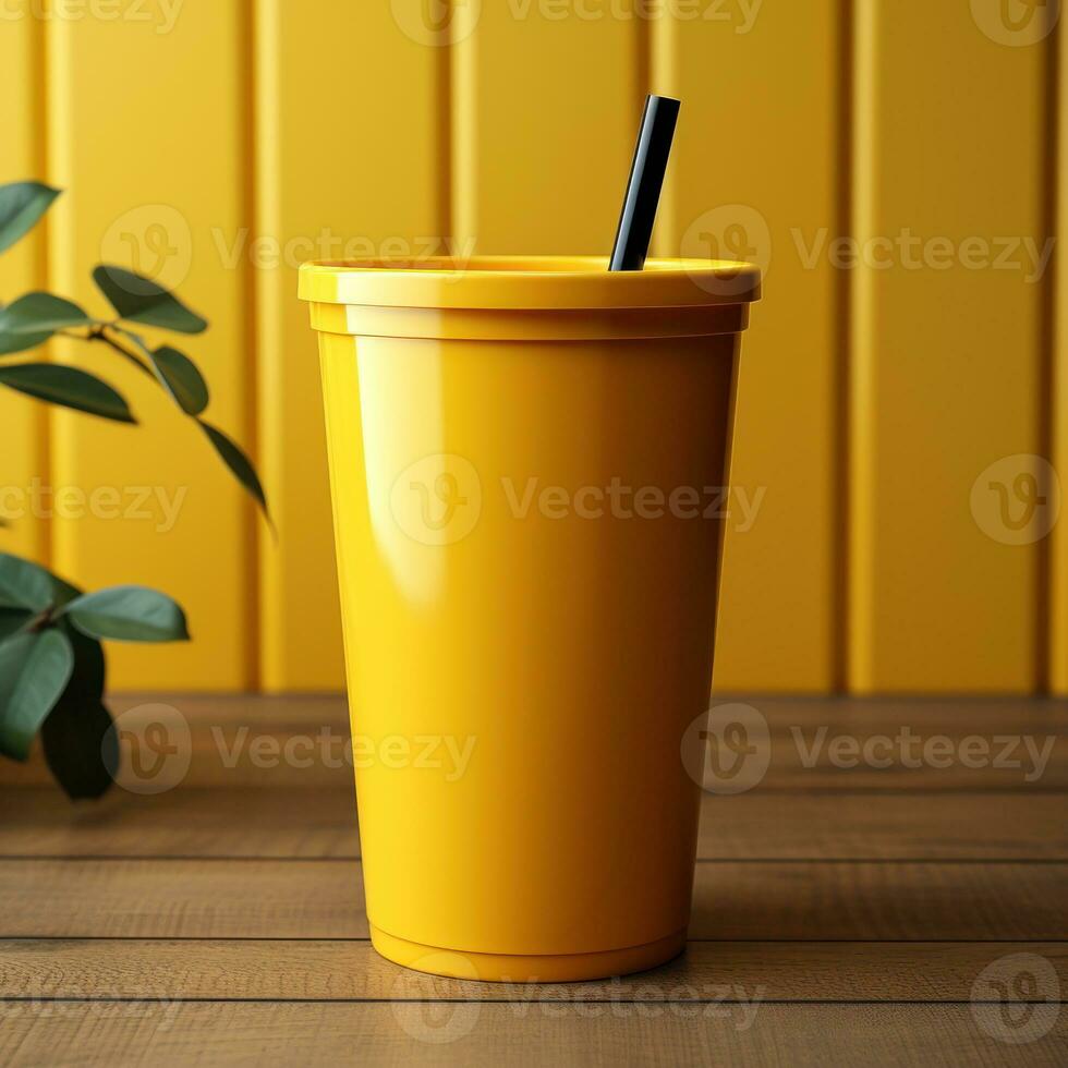 A cup of yellow plastic cup with blank and blur background, great for mockup, marketing, decoration, business, online shop materials, social media. Generative Ai Images photo