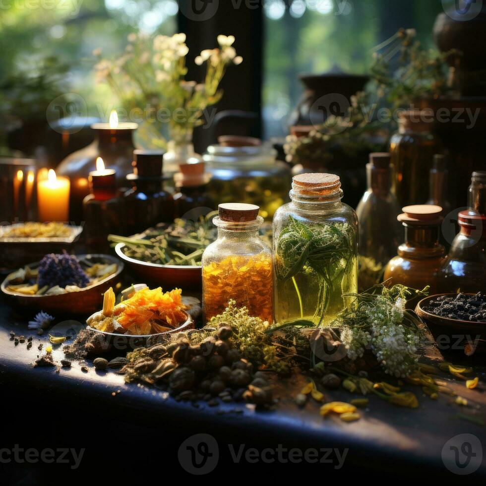 Herbal organic medicines from plant extracts of ginger, turmeric, galangal etc. to heal traditionally. Great for nutrition, immune, business, herbal companies, health blogs etc. Image of generative Ai photo