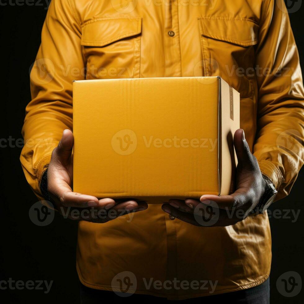 Courier brings cardboard boxes to customers, delivery service to customers, packing cardboard boxes. Great for business, giving, job career, websites, services. Generative Ai concept photo