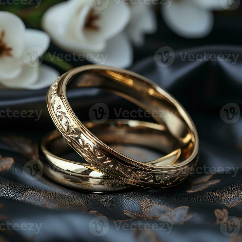 un par de oro anillos, romántico celebracion diseño antecedentes a boda, amor. ai generativo concepto foto