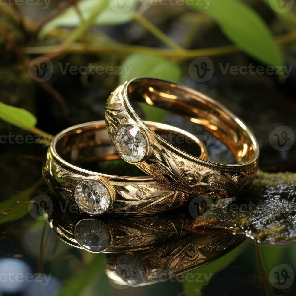 un par de oro anillos, romántico celebracion diseño antecedentes a boda, amor. ai generativo concepto foto