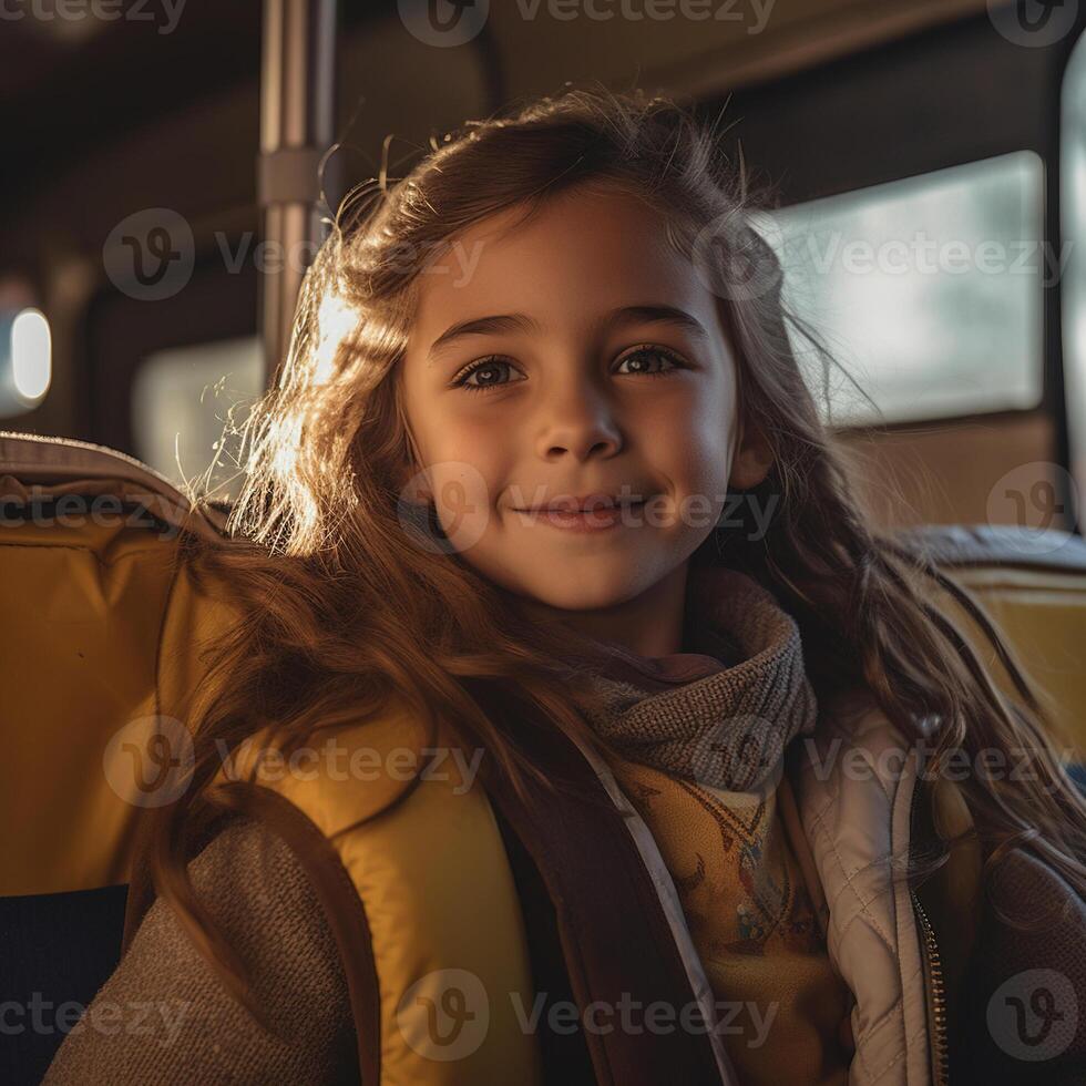 Little kid school girl and bus. photo