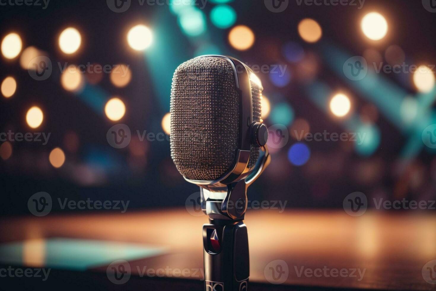 Retro microphone on stage. AI generated photo