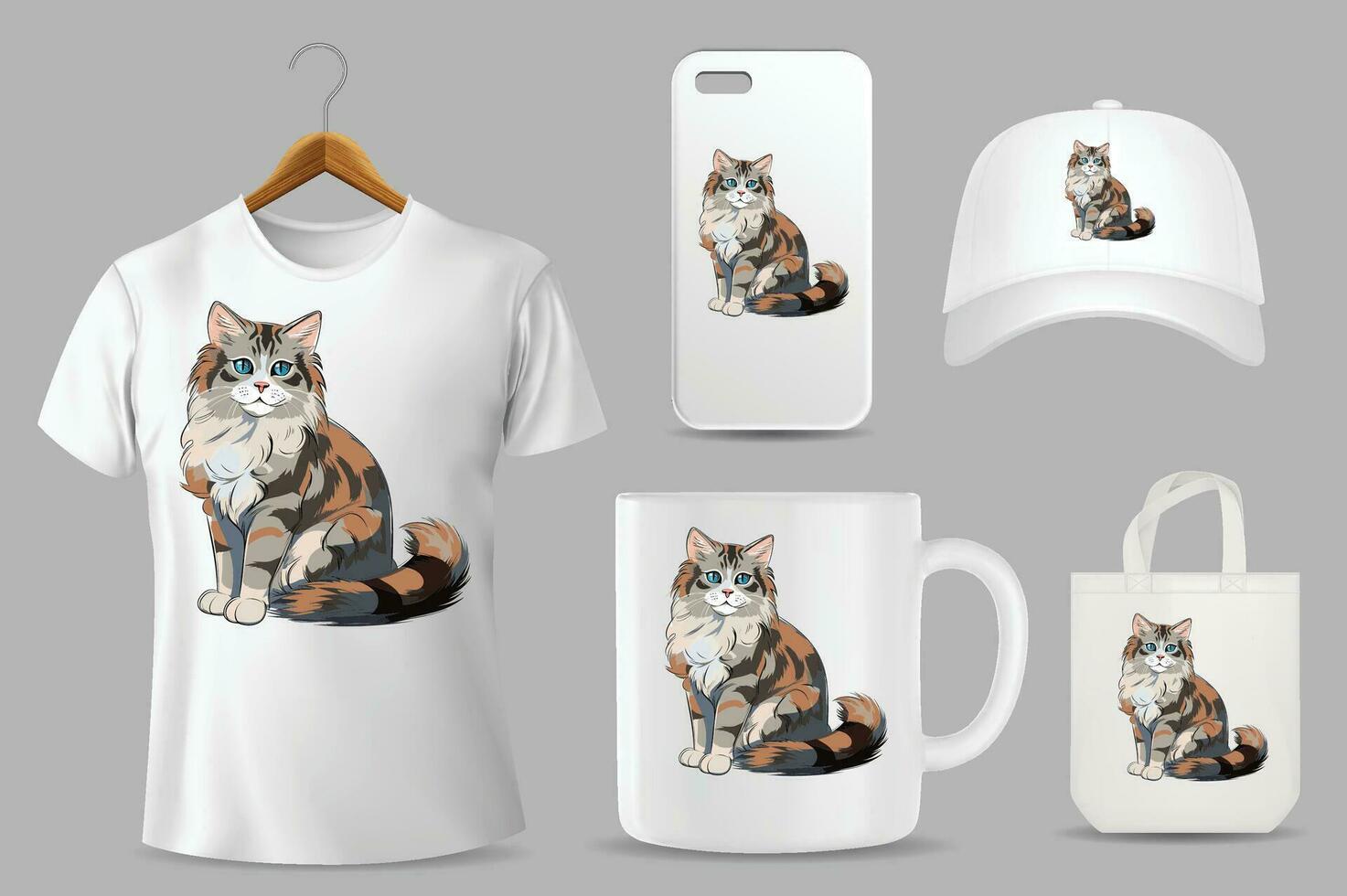Hand Drawn Solid Color Cat Illustration On Different Product Templates vector