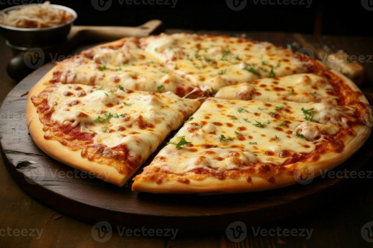 Mouthwatering Cheesy pizza on table. Generate Ai photo