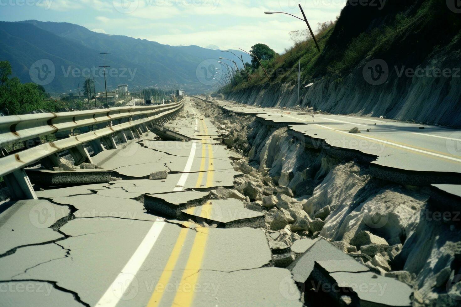 devastado grietas la carretera después terremoto. generar ai foto