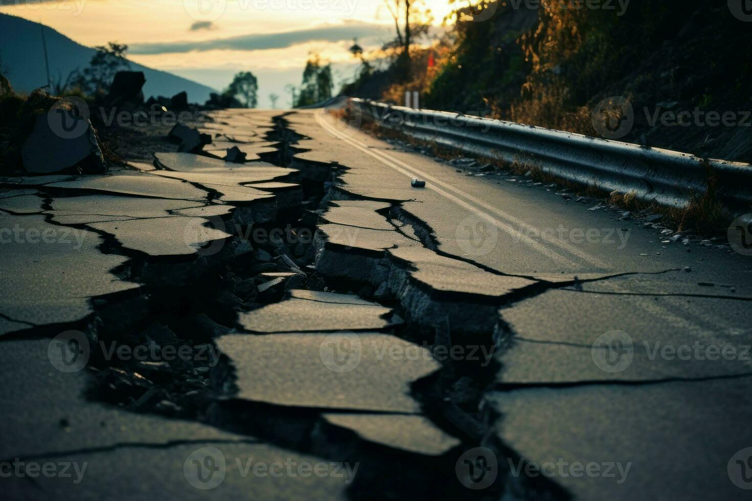 Cracks road after earthquake. Generate Ai photo