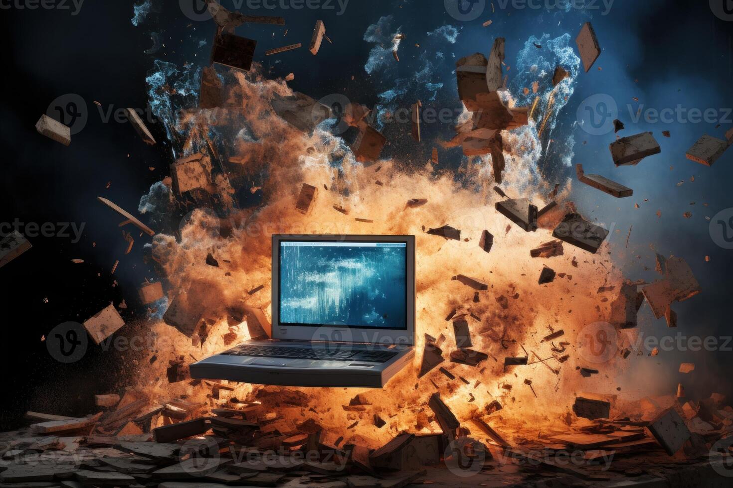 Destructive Computer desktop exploding. Generate Ai photo