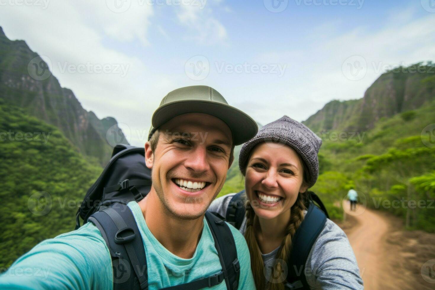 Joyous Couple traveler selfie. Generate Ai photo