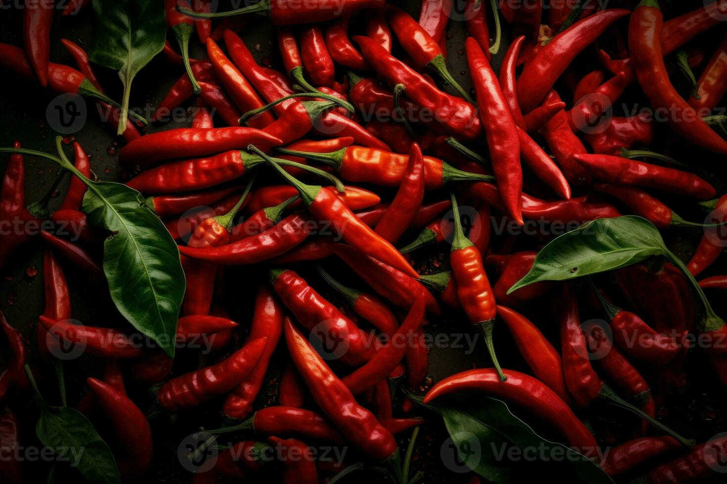 Spicy Chili peppers top view background. Generate Ai photo