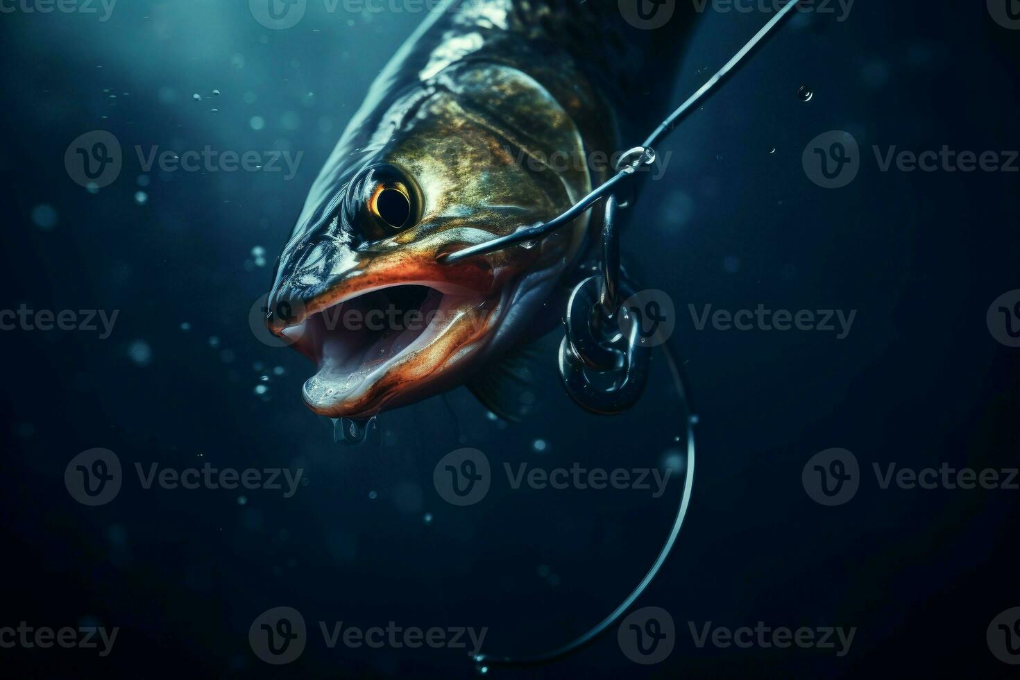 Submerged Fishing hook underwater. Generate Ai photo