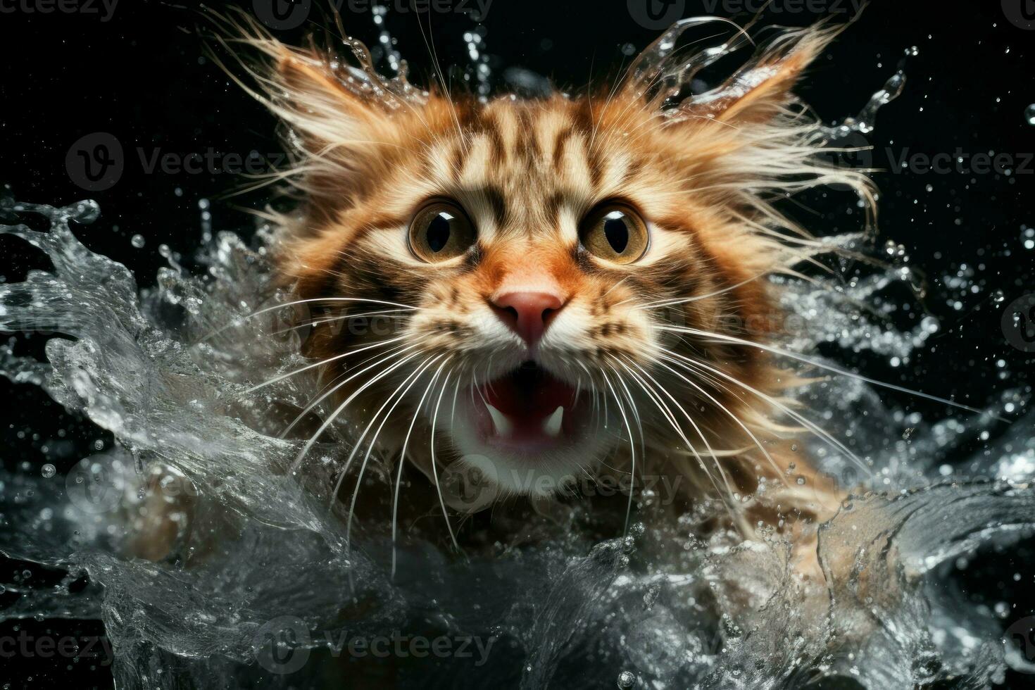 Cat splashing water run. Generate Ai photo
