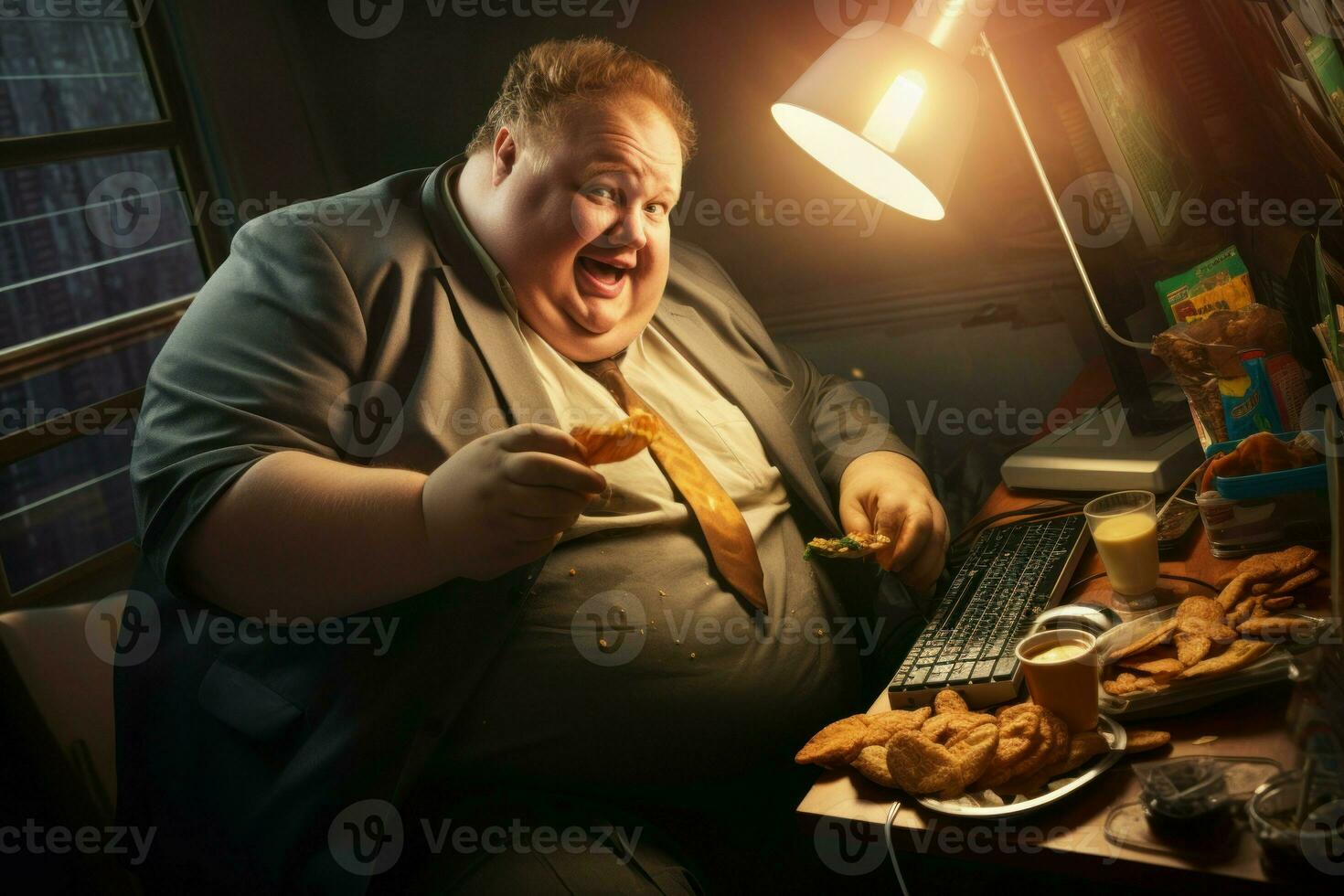 Overworked Fat businessman eating while work. Generate Ai photo