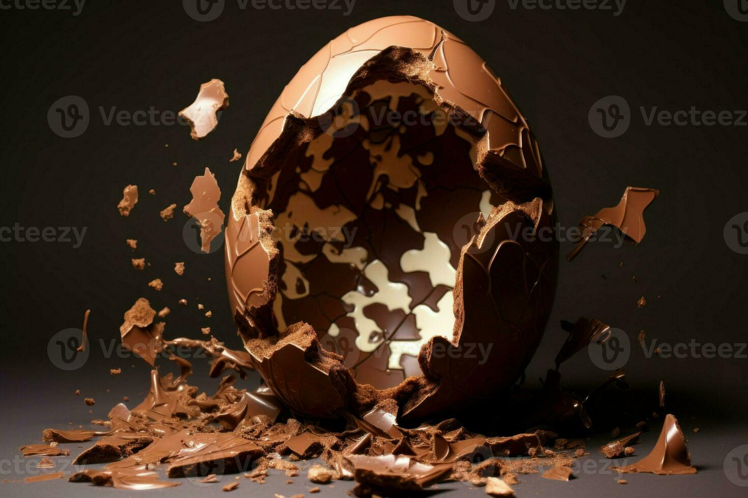 Festive Exploded milk chocolate egg easter. Generate Ai photo