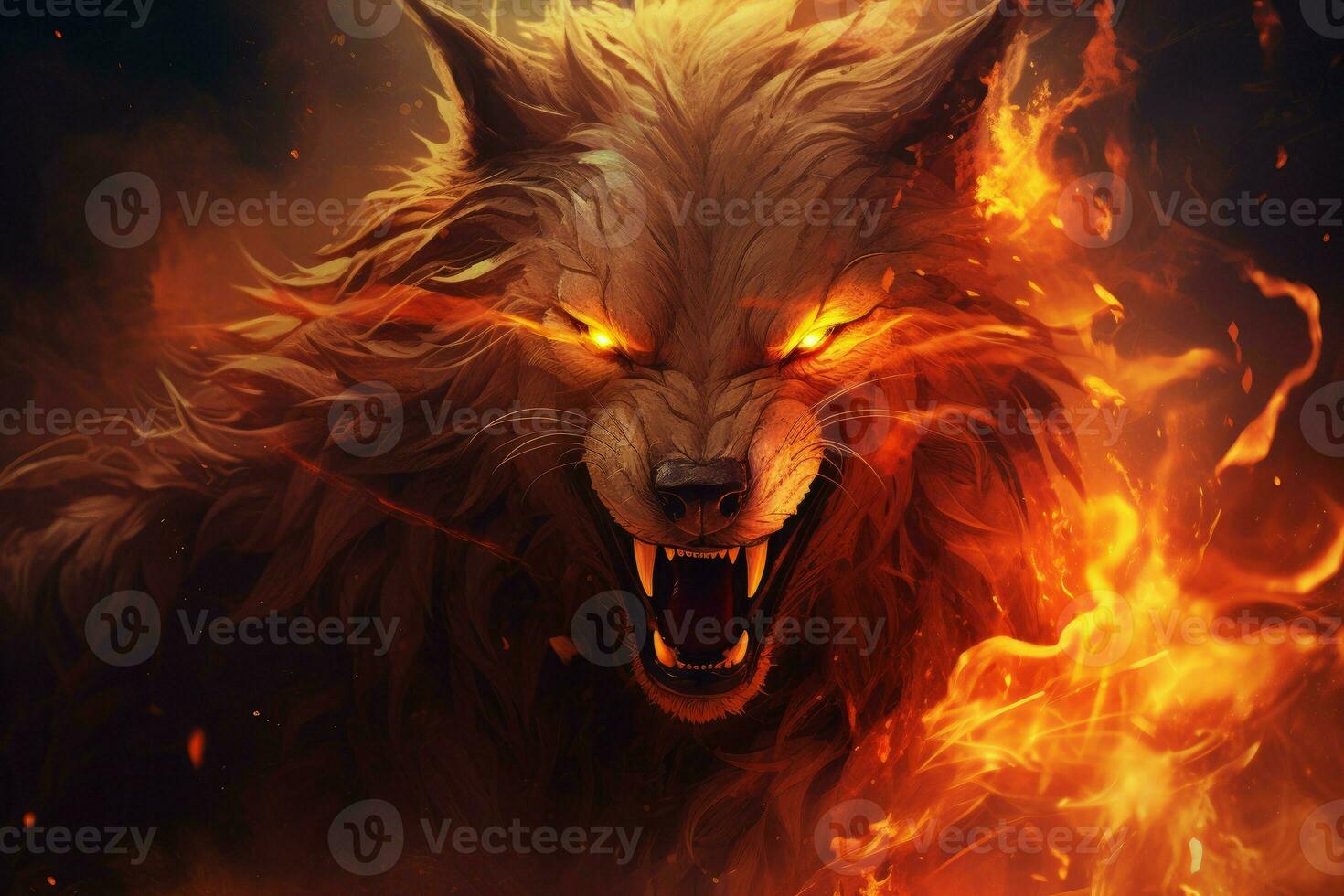 Mystical Fiery wolf fantasy. Generate Ai photo