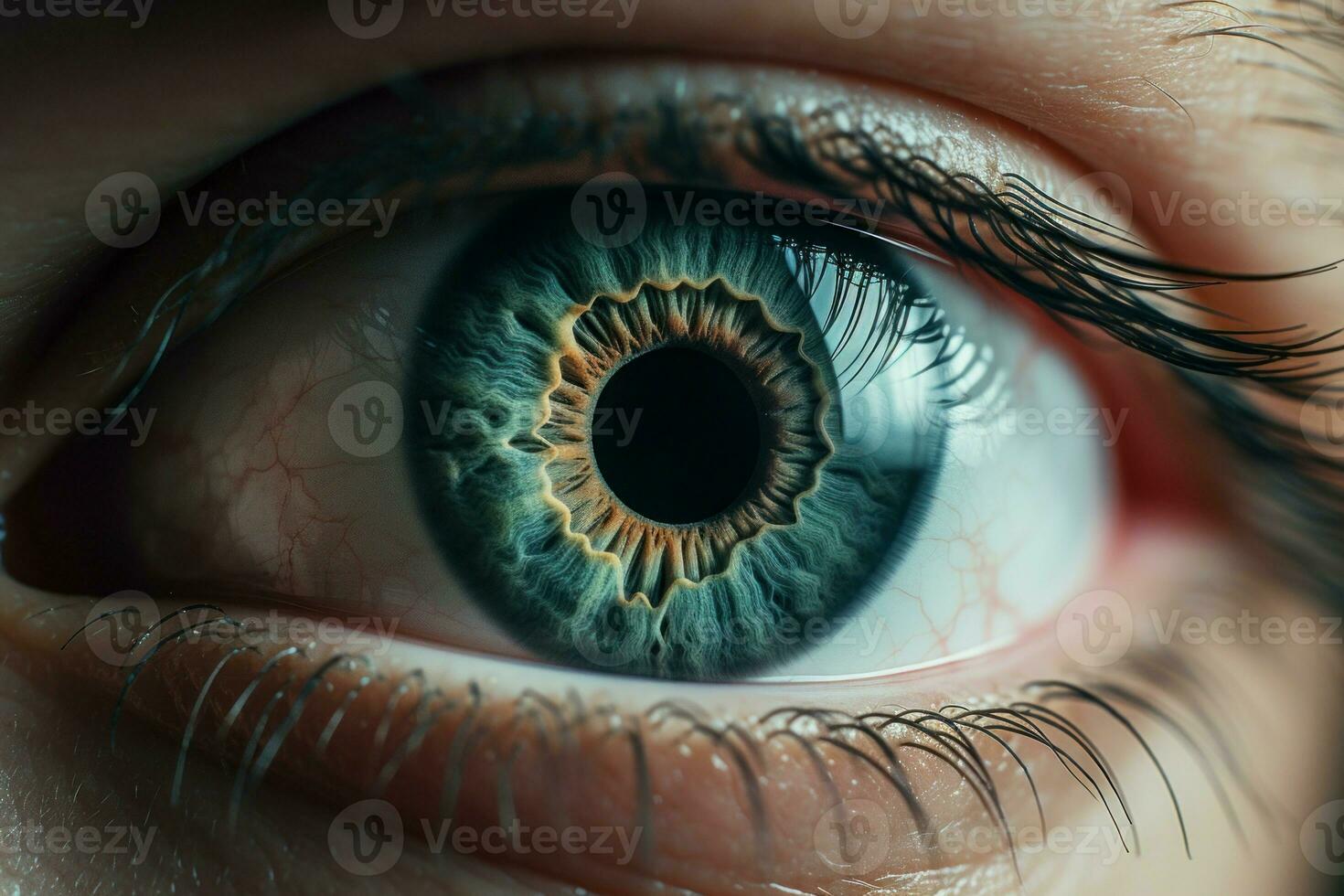 Mysterious Human eye closeup forest leaves. Generate Ai photo