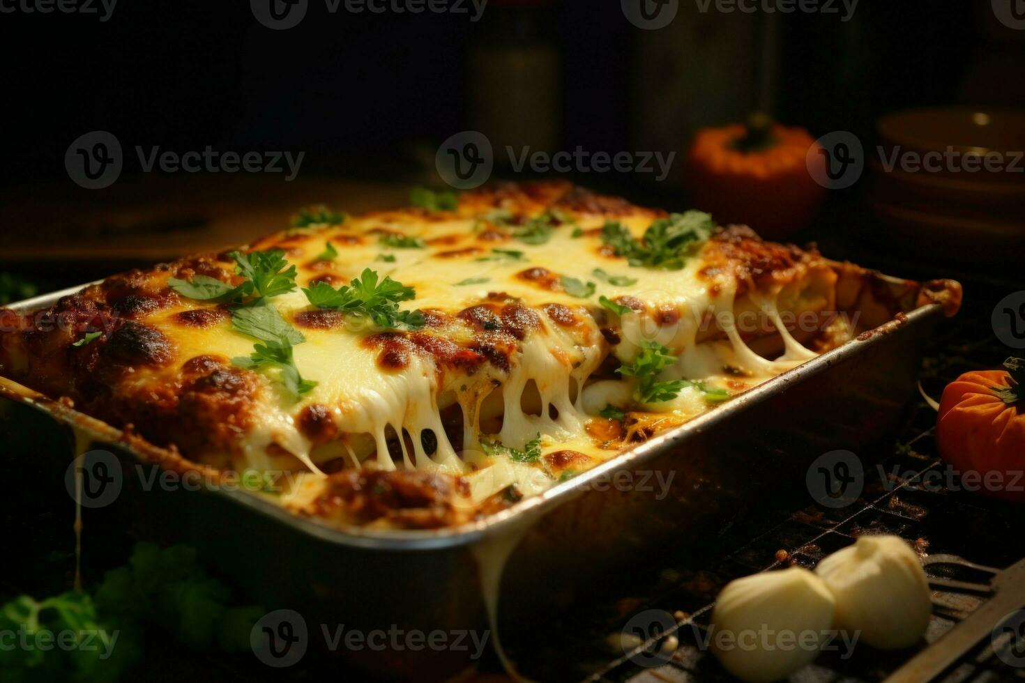 Cheesy Delicious lasagnas baking. Generate Ai photo