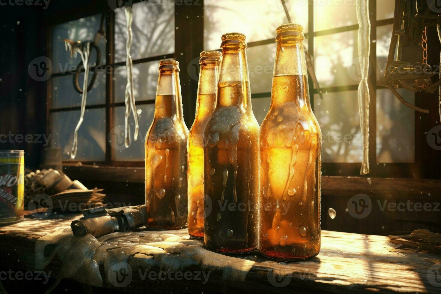 Cold beer bottles. Generate Ai photo