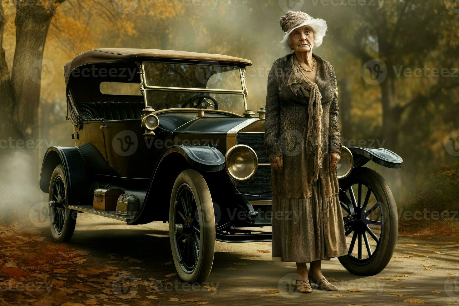 Distinguished American old woman car 1920 year. Generate Ai photo