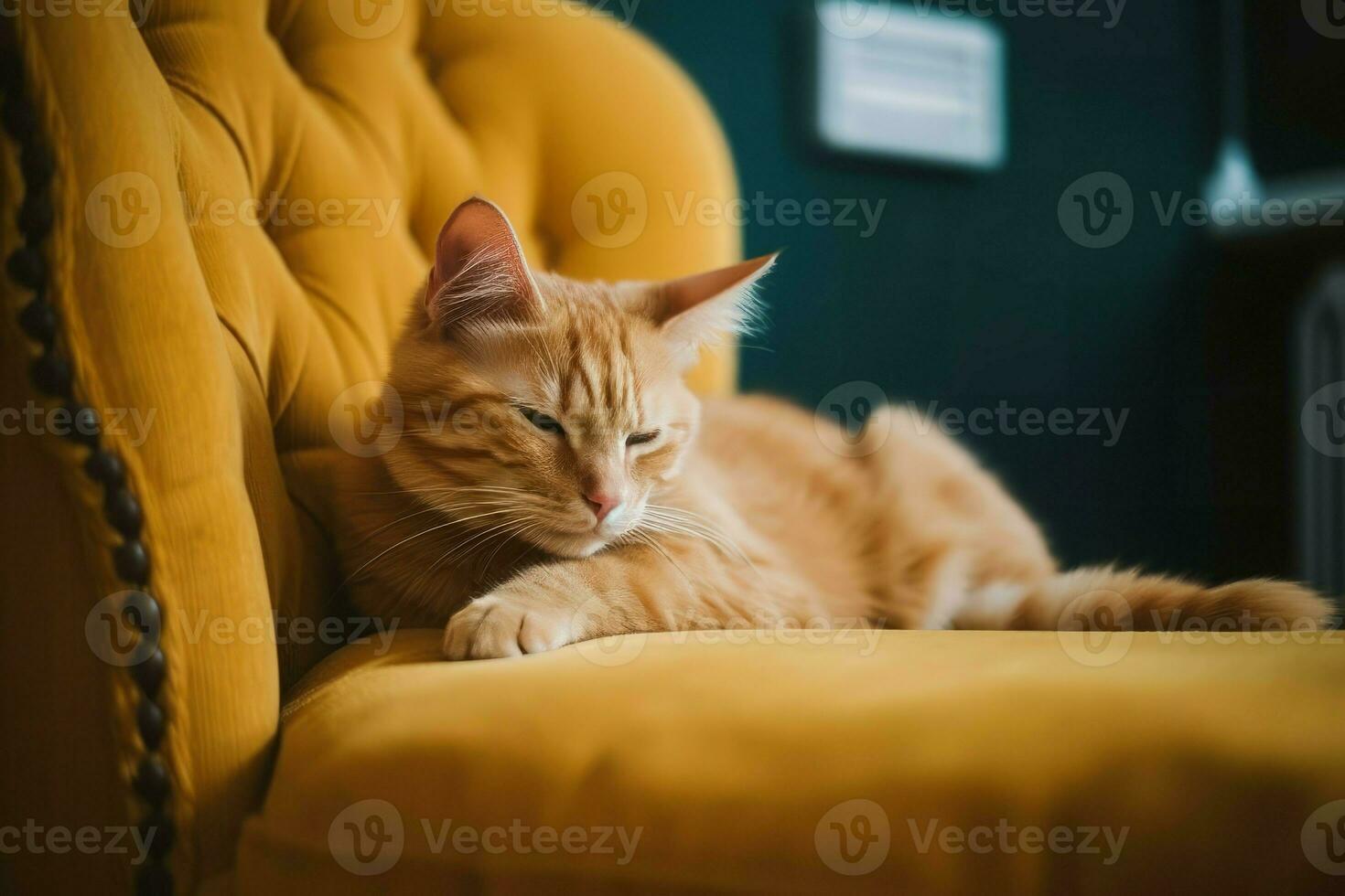 Cat laying yellow couch relax. Generate Ai photo