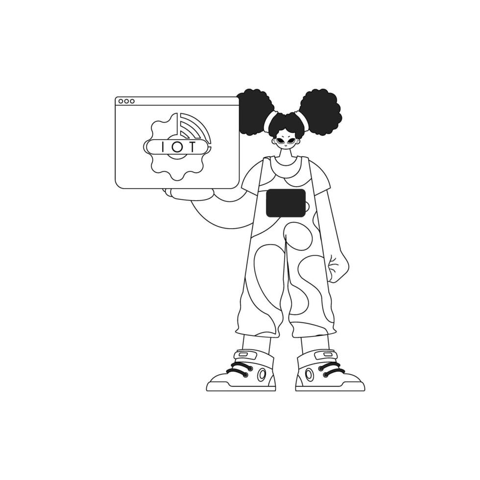 A cartoon girl holding a laptop with a face on it vector
