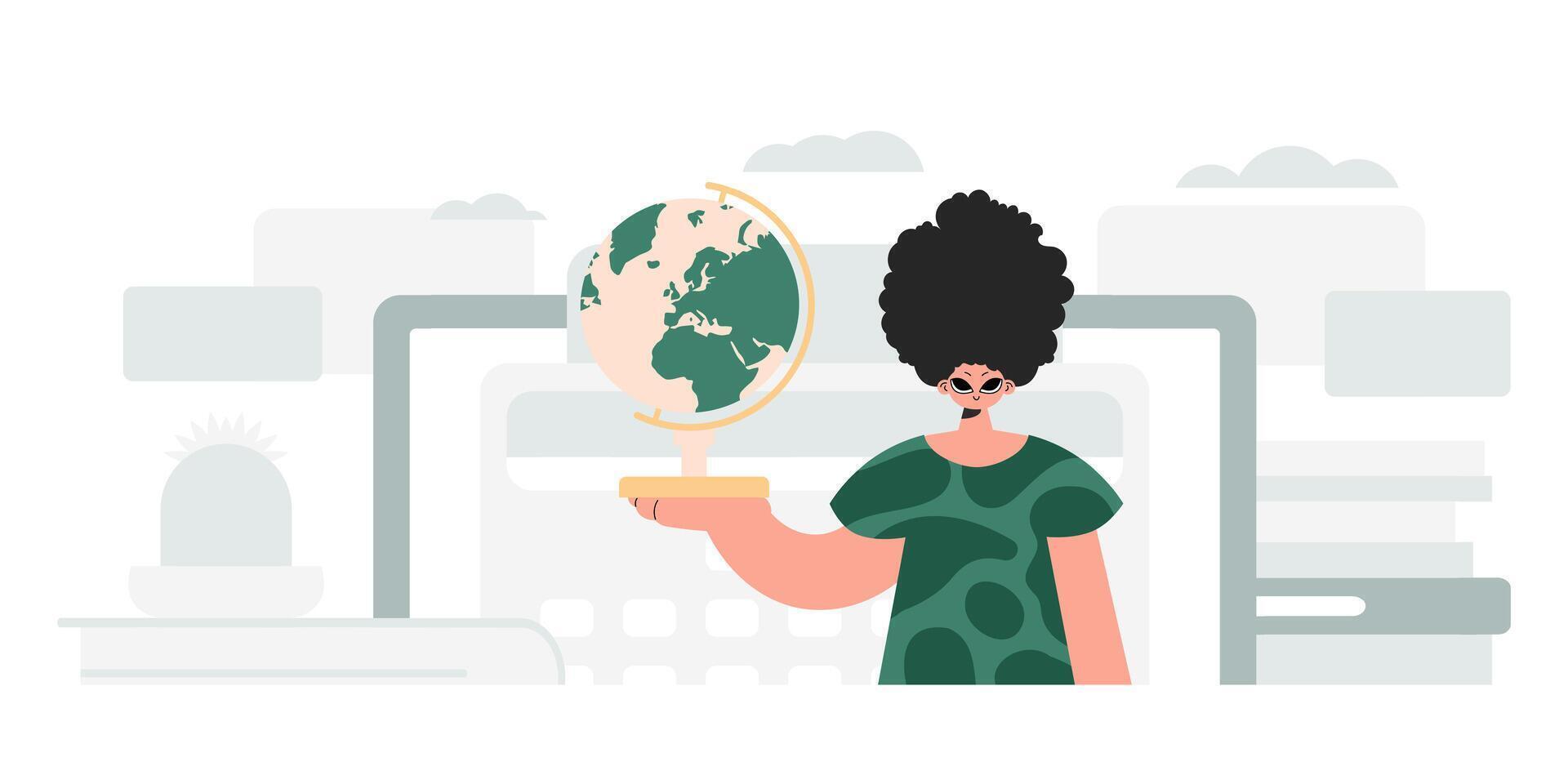The person is holding a colossal globe, the subject of learning. Trendy style, Illustration vector