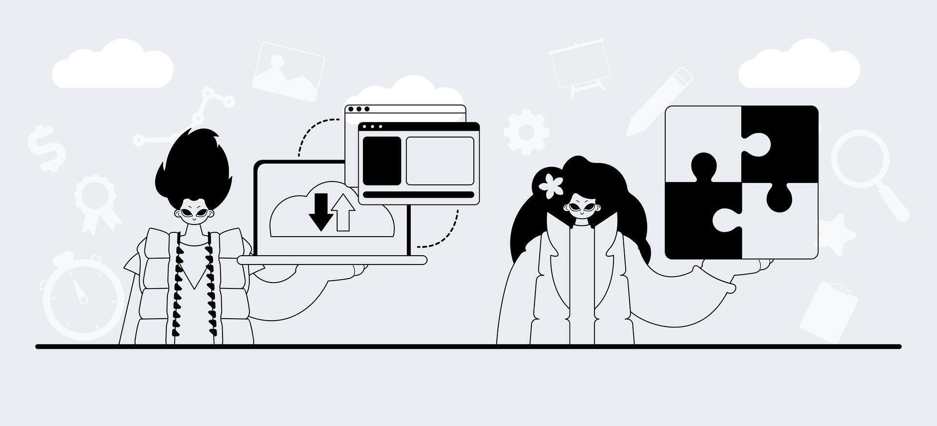 Two people are holding up a puzzle piece vector