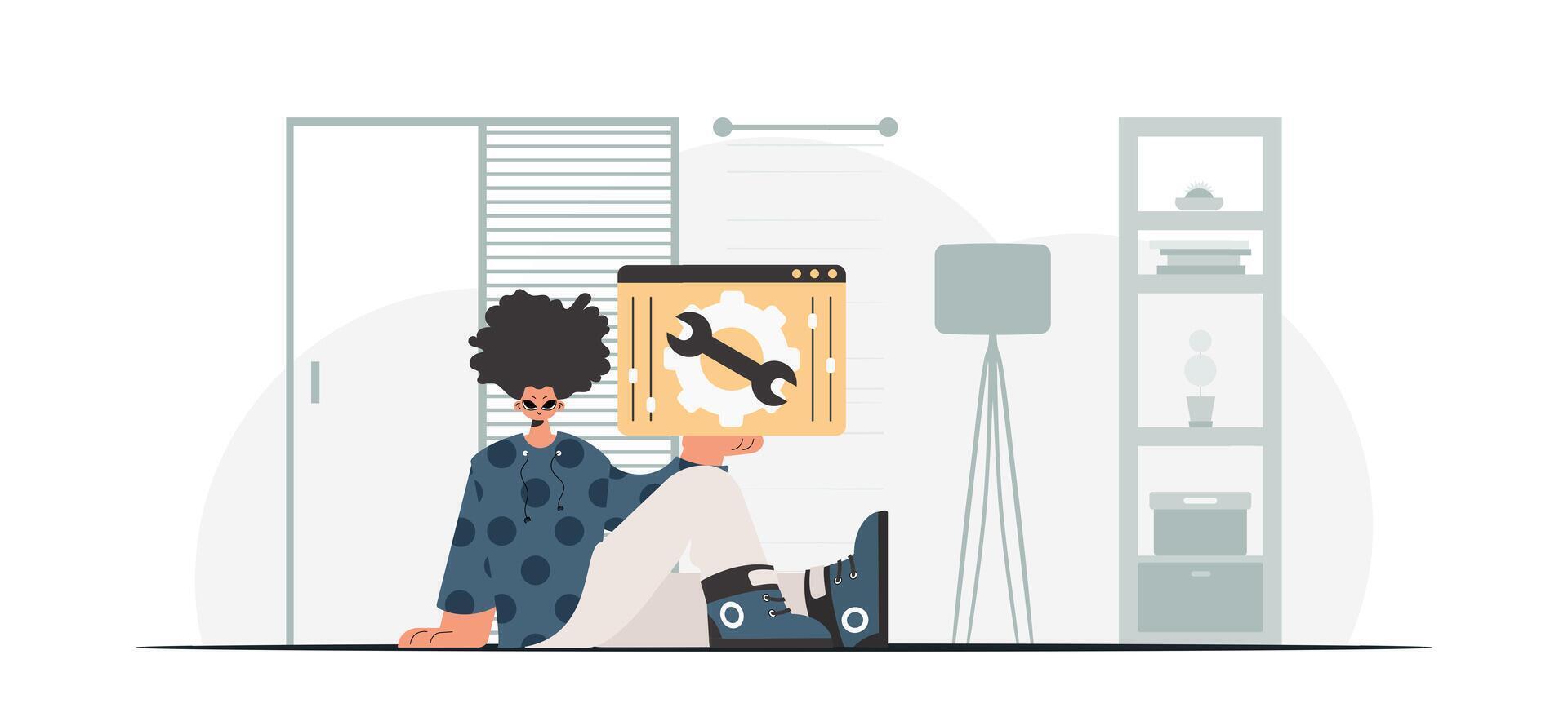 A man sitting on the floor with a laptop vector