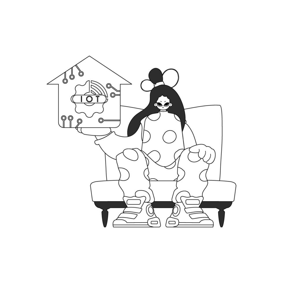 Girl grasps IoT logo, in linear design vector
