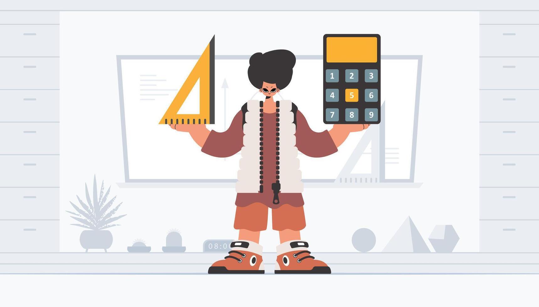 The person is holding a ruler and a calculator, learning subject. Trendy style, Vector Illustration