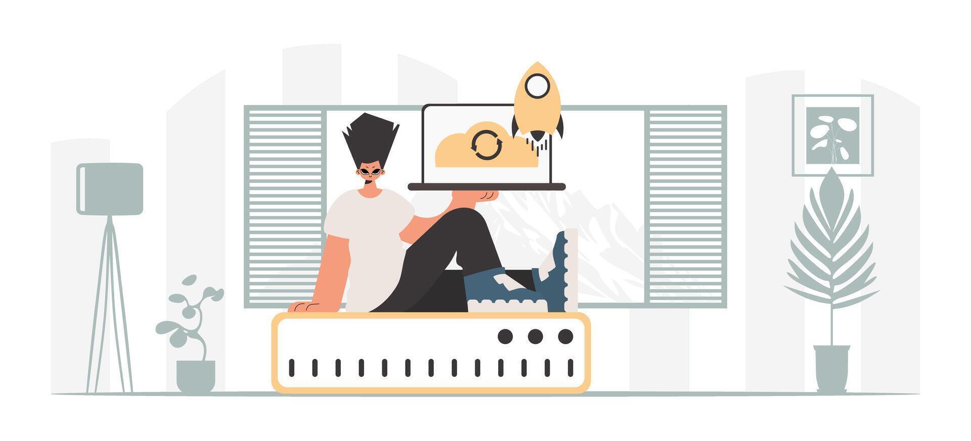 A man sitting on top of a computer with a rocket on it vector