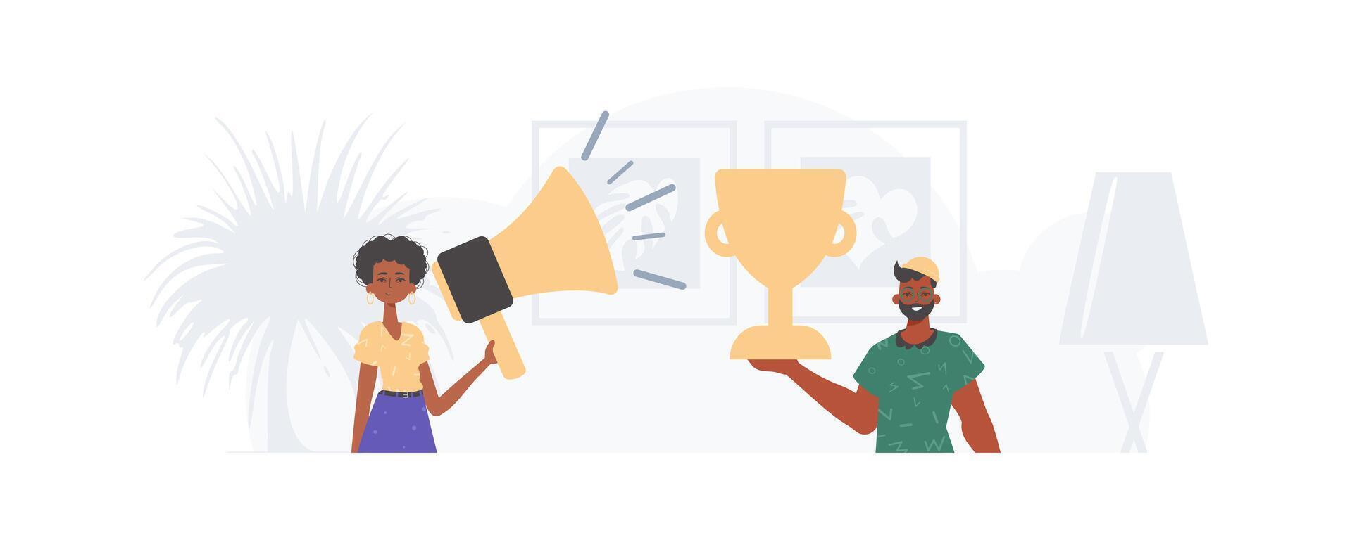 Two people holding a trophy and a megaphone vector