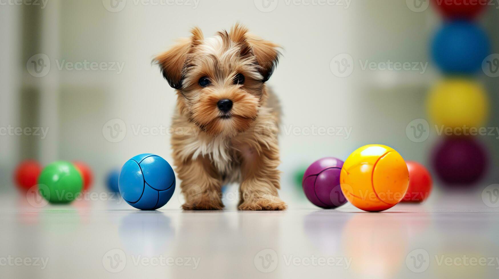 Yorkshire Terrier puppy and colorful balls. photo