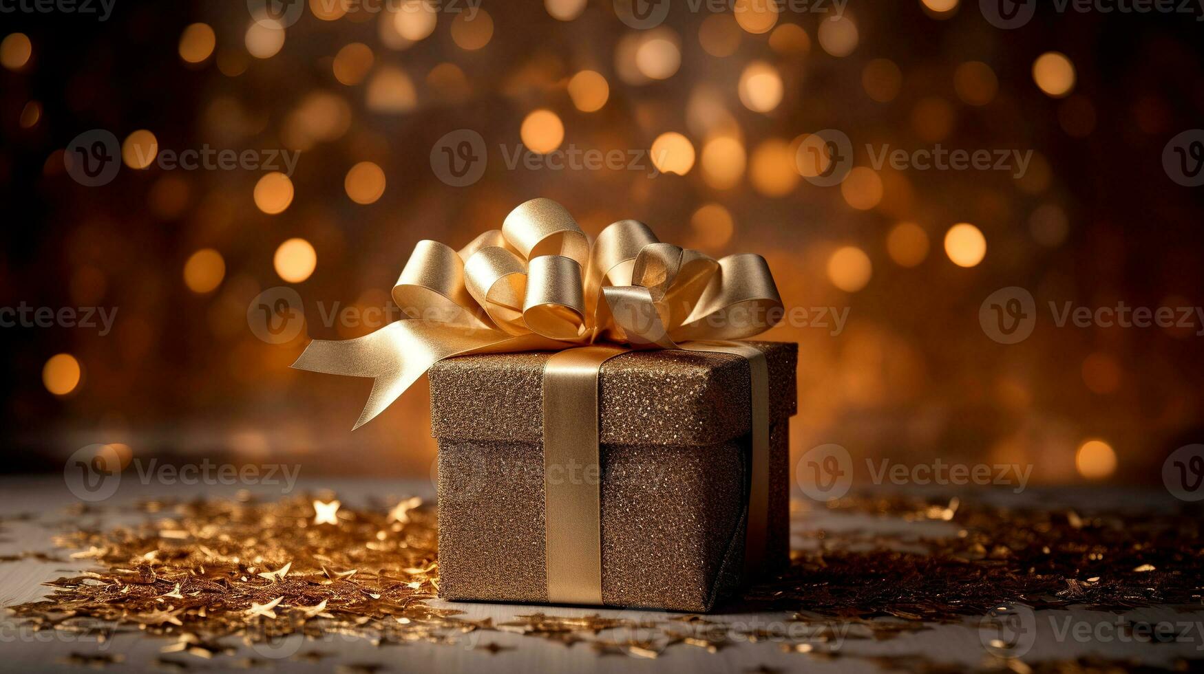 regalo caja con dorado cinta en bokeh luces antecedentes. foto