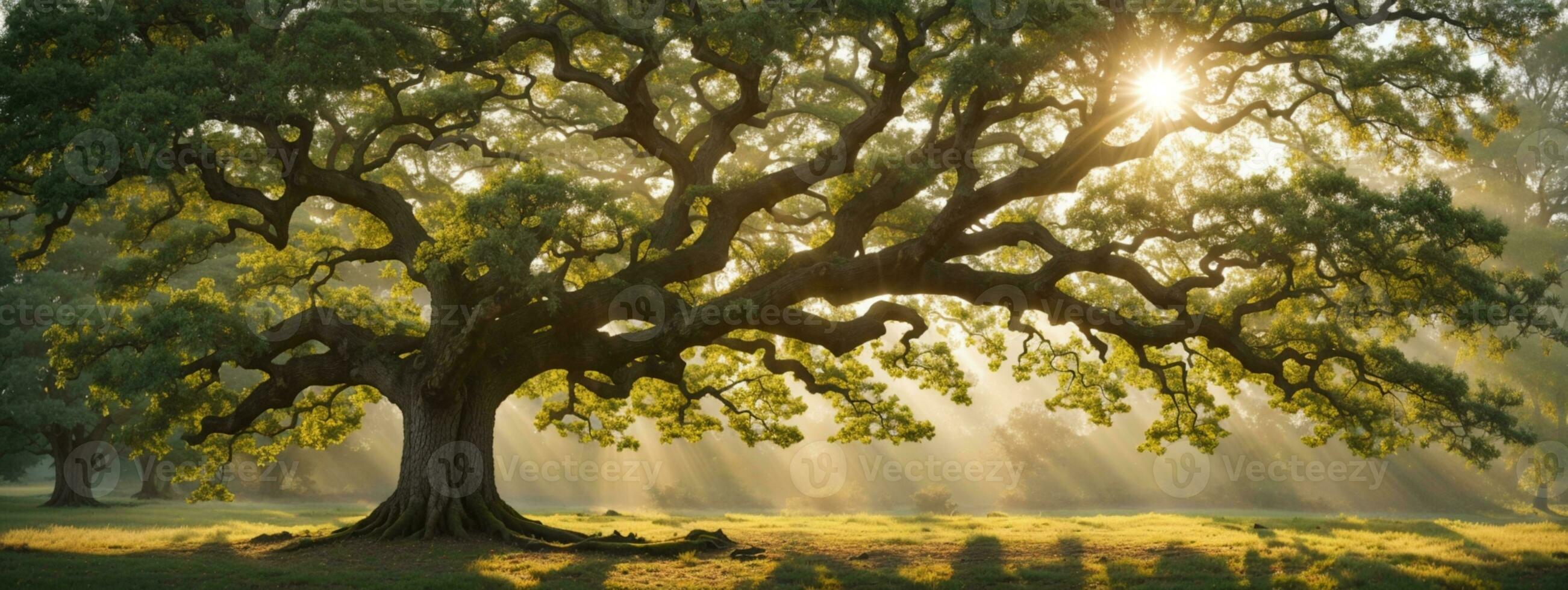 old oak tree foliage in morning light with sunlight. AI generated photo