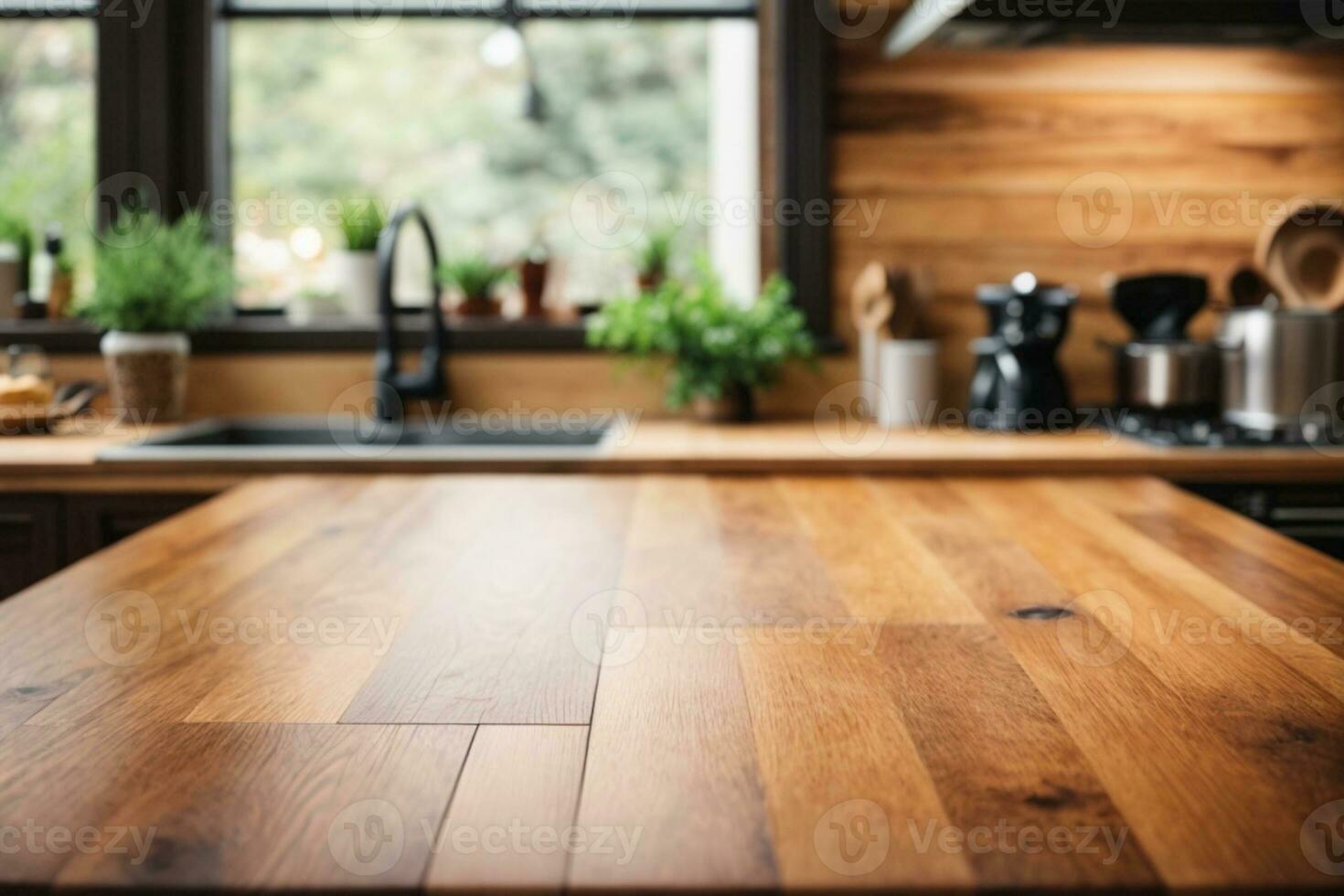 madera mesa parte superior en difuminar cocina encimera, habitación, antecedentes. ai generado foto
