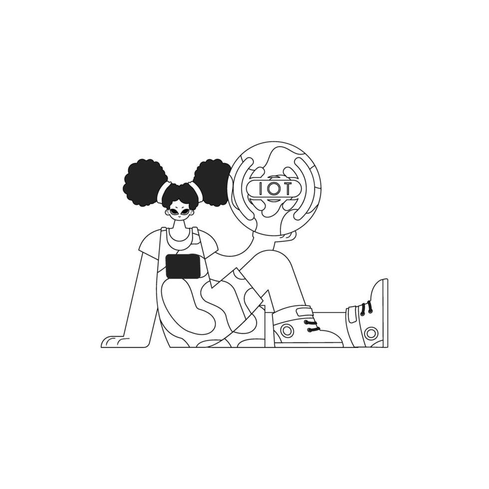 A black and white drawing of a girl with a skateboard vector