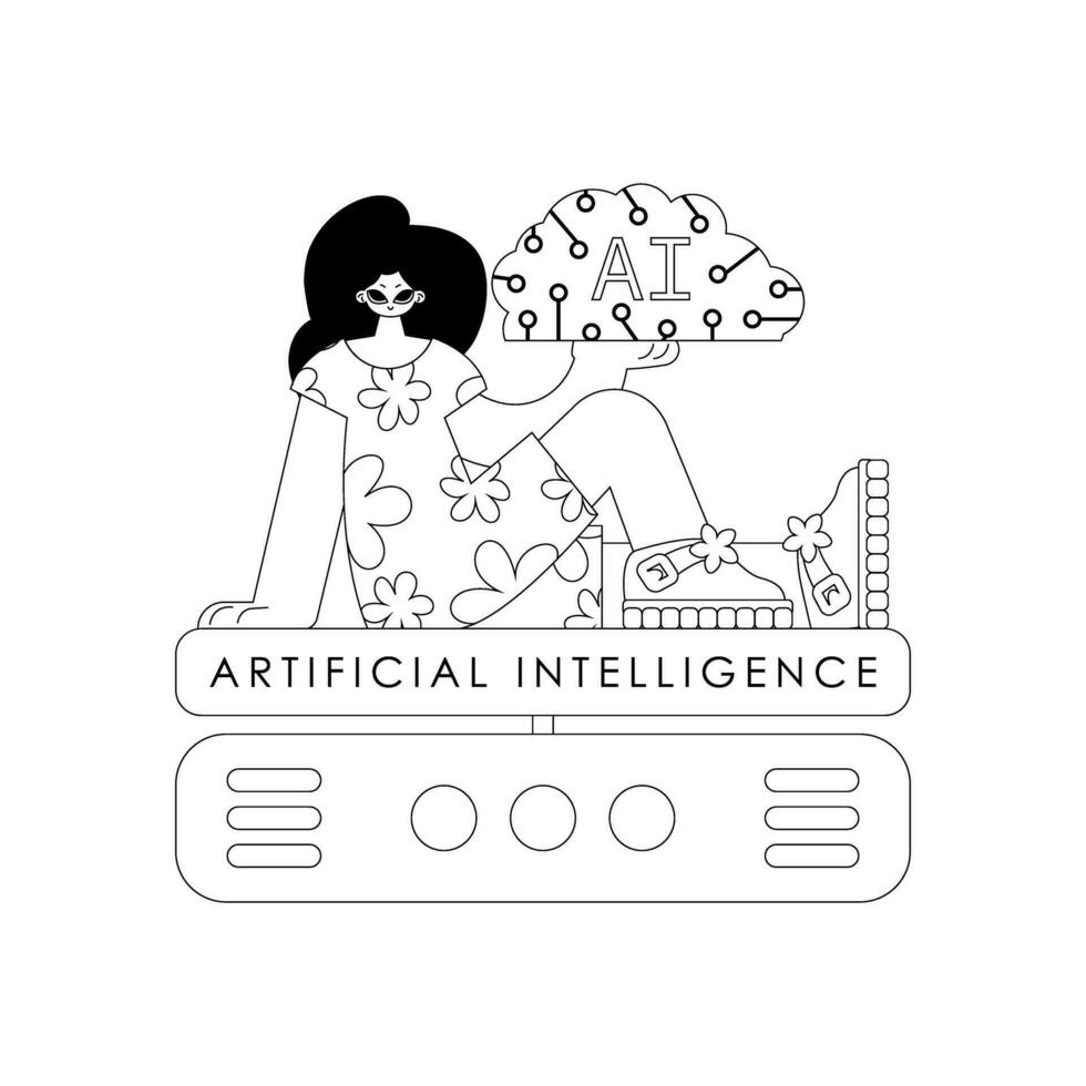 Girl and AI server in vector linear theme, featuring artificial intelligence