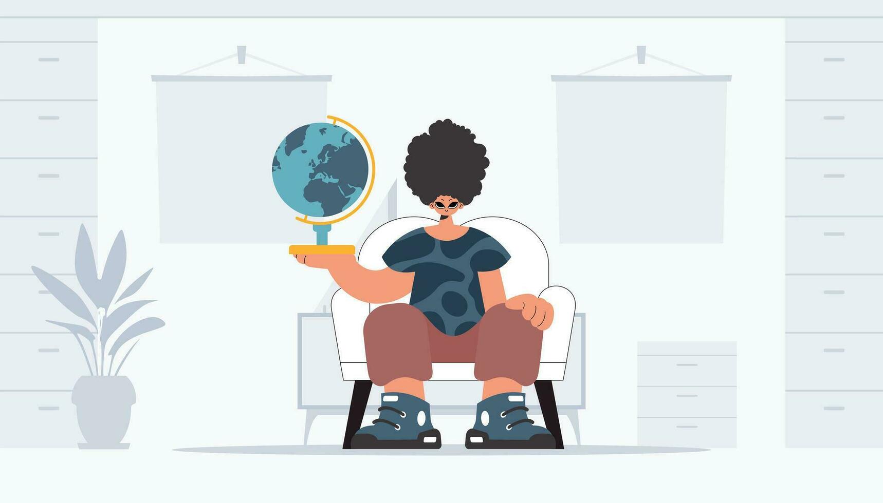 The individual is holding a colossal globe, the subject of learning. Trendy style, Vector Illustration