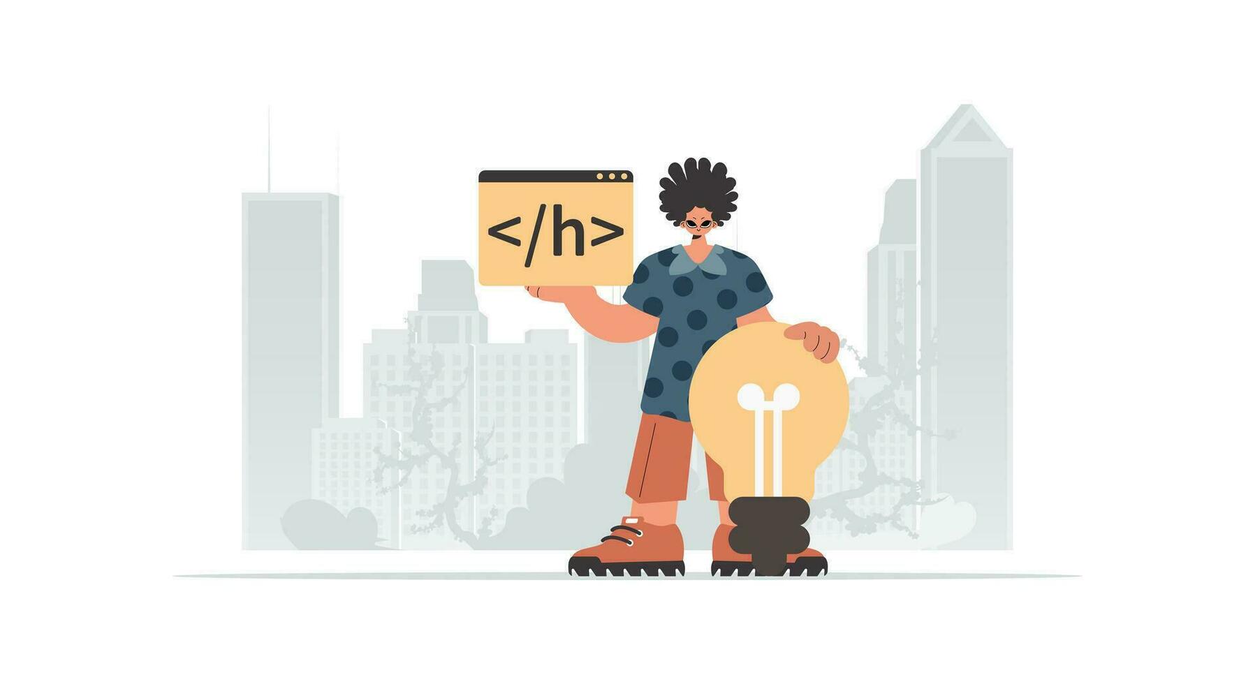 The fellow is holding a browser window with a programming image, and is additionally standing close a huge light bulb. Trendy style, Vector Illustration