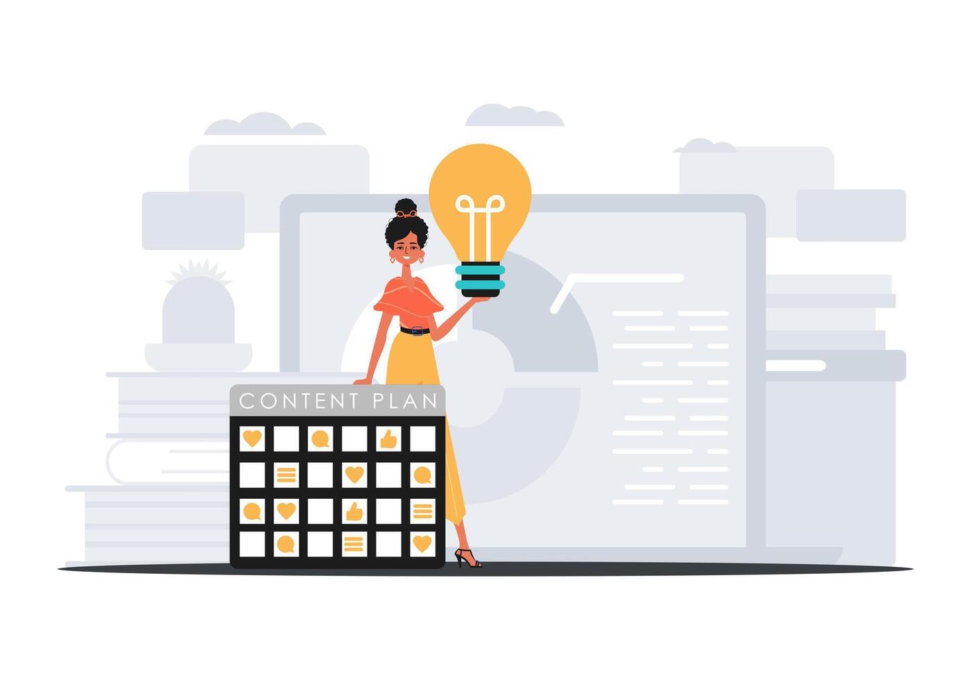 Woman holding a light bulb in front of a calendar vector