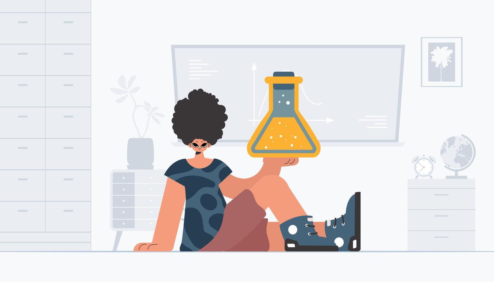 Person holding chemical carafe, learning subject. Trendy style, Illustration vector