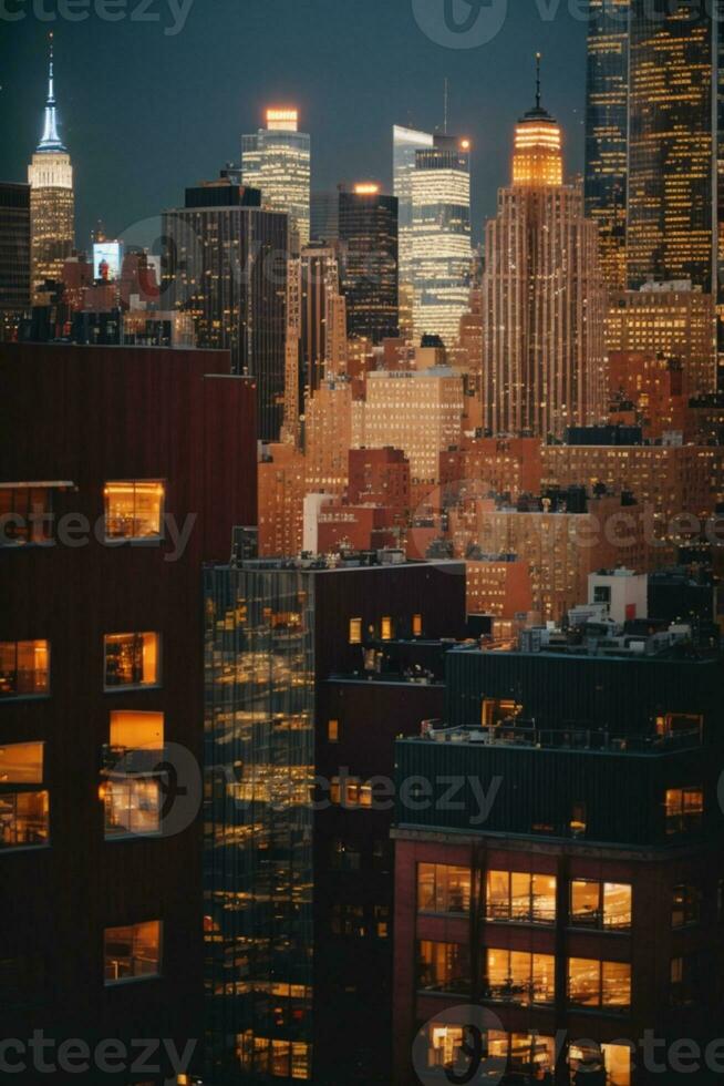 Sunset view of New York City looking over midtown Manhattan. AI generated photo